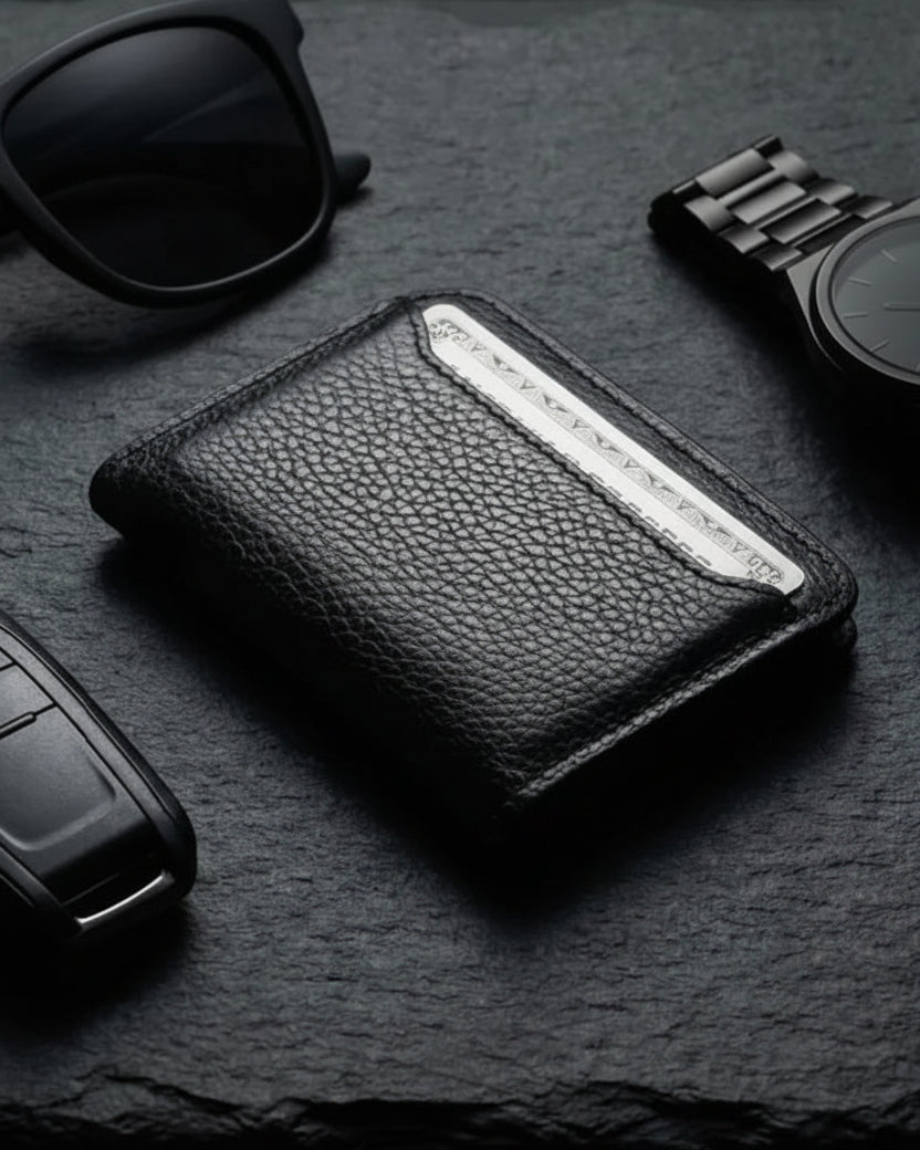 Black sunglasses, wallet, car key fob, and watch on a dark surface